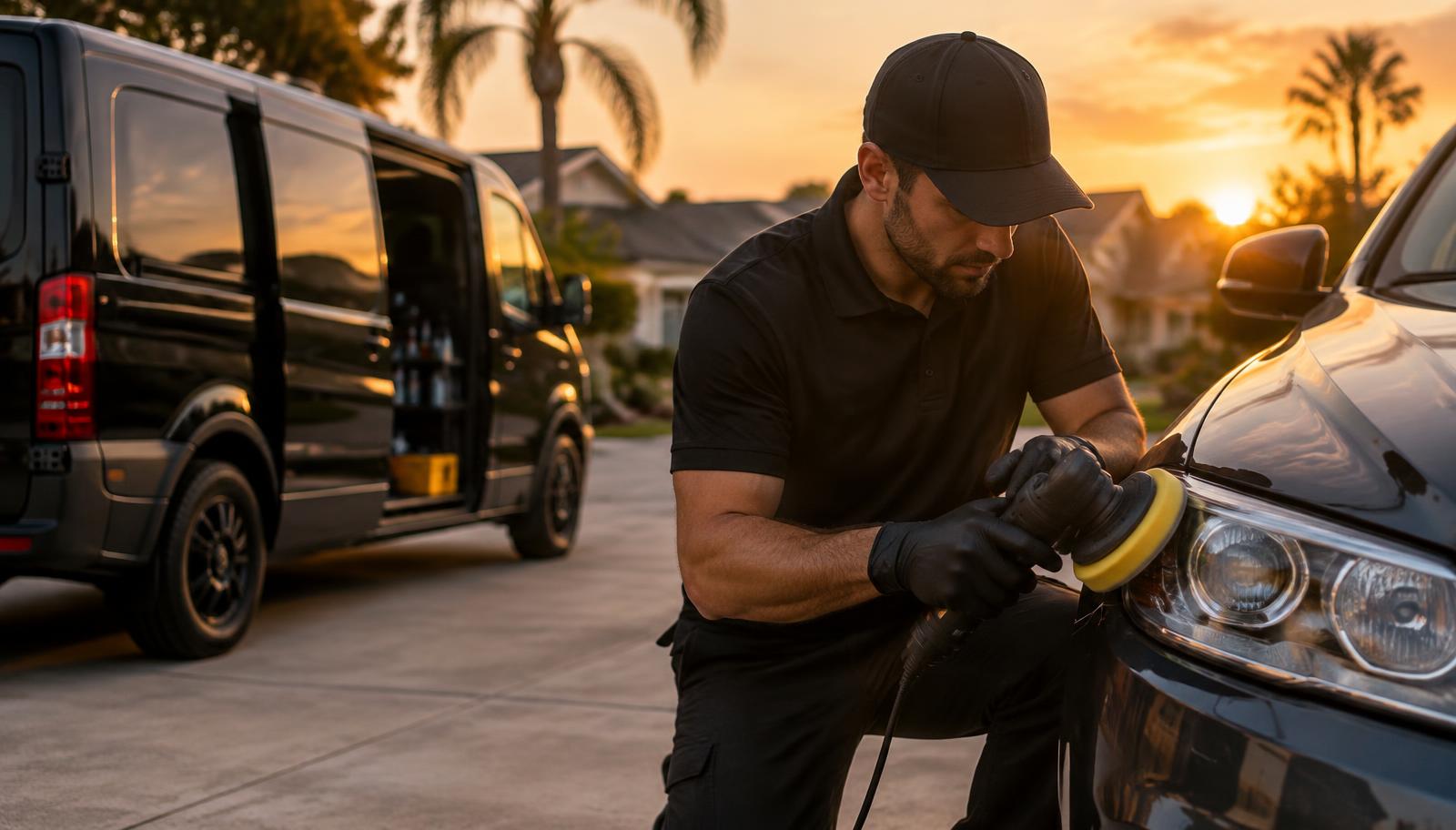 Technician polishing a car headlight in a customer's driveway